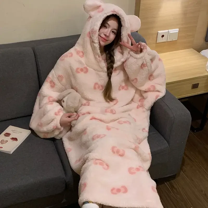 Winter Hooded Pajama Women's Coral Fleece Thicken Korean Bow Pink Robe Flannel Party Costume Warm Soft Home Clothes Girls Gifts