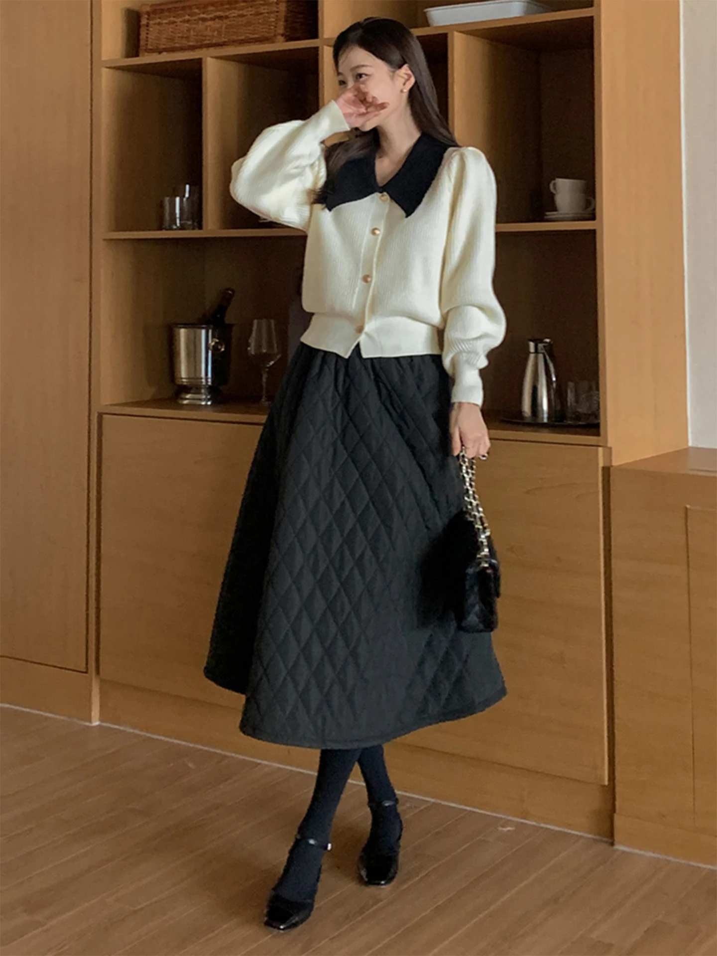 Black Diamond Pattern High Wai - A-Line Skirt Midi 评论和价格