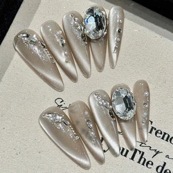 10pcs Light Luxury Long Stiletto False Nails Handmade Nude Glitter Cat's Eye Press On Nails Glossy Rhinestone Decor Fake Nail