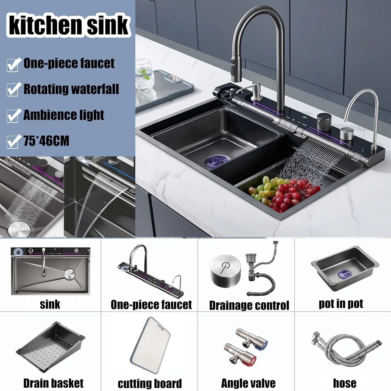 Kitchen Sink Digital Display Embossed Large Single Groove honeycomb Nano Raindance Waterfall Sink 29.5 INCH Sinks for kitchen