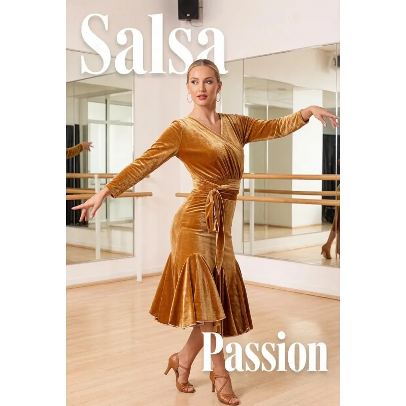 

Women V-neck Latin Dance Dress S-3XL Adult Professional Competition Training Performance Ballroom Costume With Safety Shorts