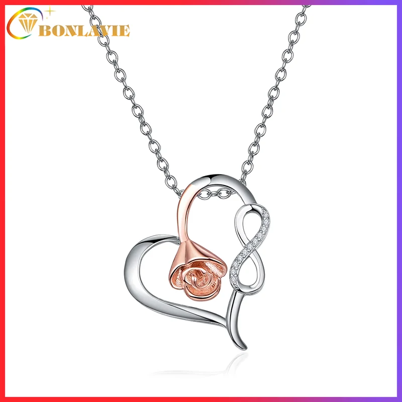 BONLAVIE Heart-shaped Hollow Pendant Inlaid with Rose Gold Roses and Infinite Symbol 925 Sterling Silver Necklace Women Jewelry