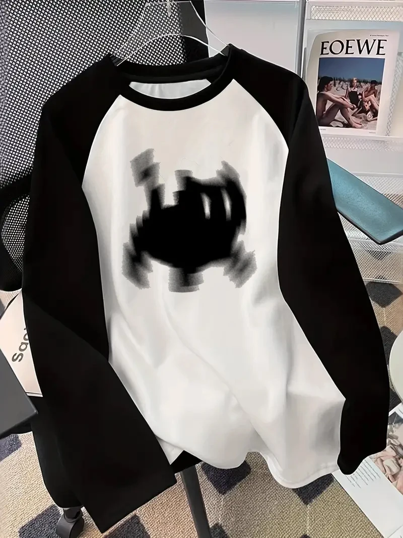 Y2k Black Cat Long Sleeve T-Shirt Print Shirt Funny Hip Hop 90s T Shirt Women's Casual Print Crew Neck Top Tee Tshirt