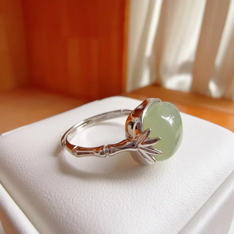 Natural Sugar Cube S925 Silver Joint Inlaid Hetian Green Jade Ring