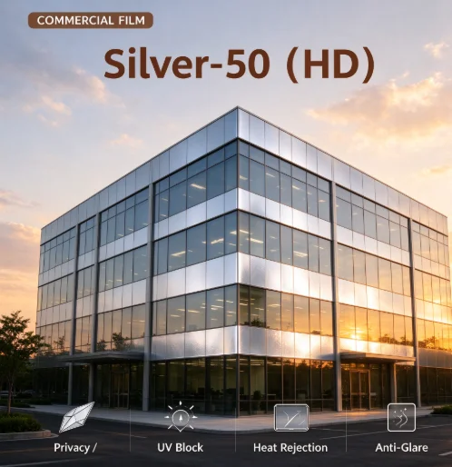 Silver 50 HD Window Film Roll PET Solar Control Anti Glare One Way Privacy Tint Simple DIY Installation For Vehicle House Glass