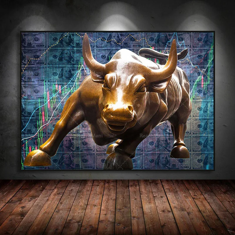 New York Landmark Charging Wall Street Bull Oil Painting Poster Modern Canvas Wall Art Picture for Living Room Home Decoration