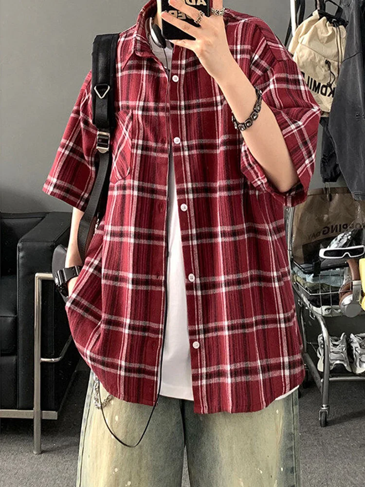 

Мужская повседневная свободная рубашка в американском ретро-стиле с клетчатыми вставками, летняя, модная, брендовая, для пар, верхняя одежда