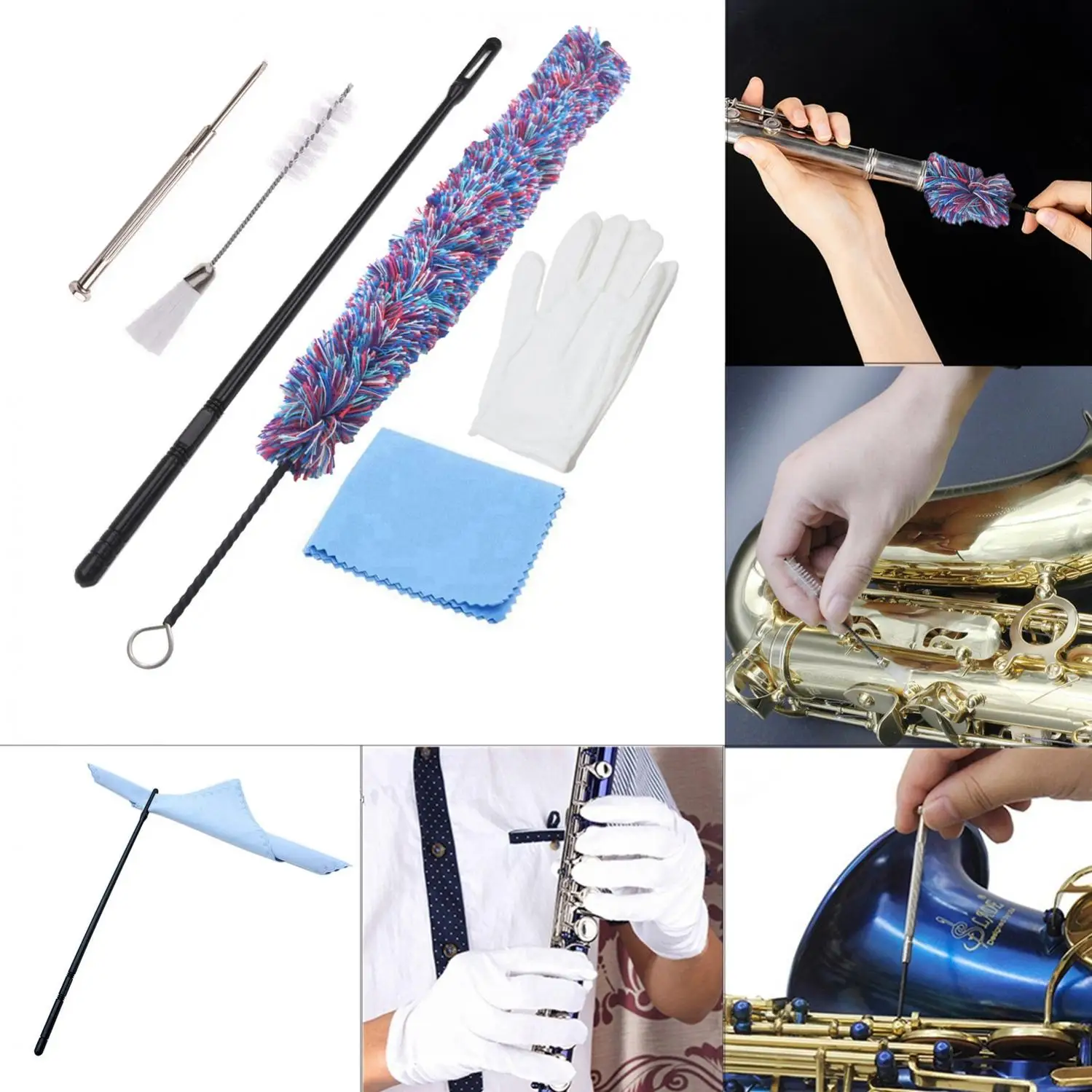 7pcs/lot Multifunctional Flute Saxophone Clarinet Cleaning Kit with Cotton Cleaning Brush, Wind Instrument Repairing Care Set