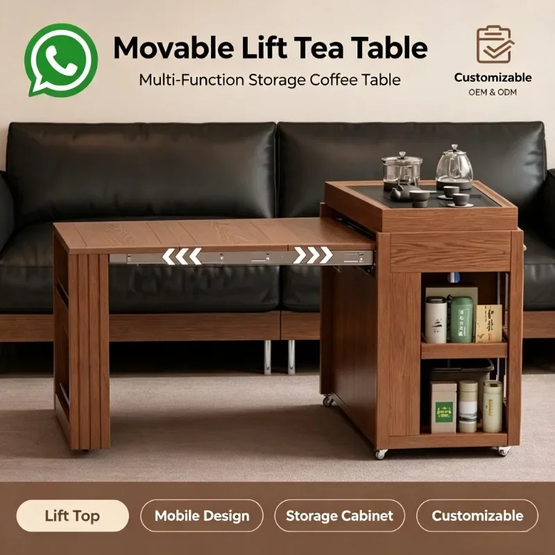 Movable Tea Cabinet, Retractable Solid Oak & Rubberwood Side Coffee Table Auto Water‑Filling Storage Wheels for Living Room Sofa
