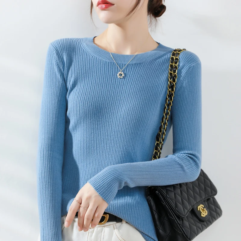 Autumn Winter Women Wool Blend Sweater O-Neck Fashion Knit Bottoming Pullover Casual Knit Soft Sweater Long Sleeve Tops