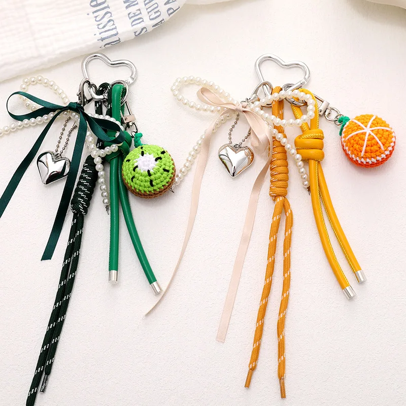 Keychain Crochet Watermelon Ribbon Bow Bag Charm Phone Pendant Lightweight Yarn Metal Green Red Cute for Women Girls Travel