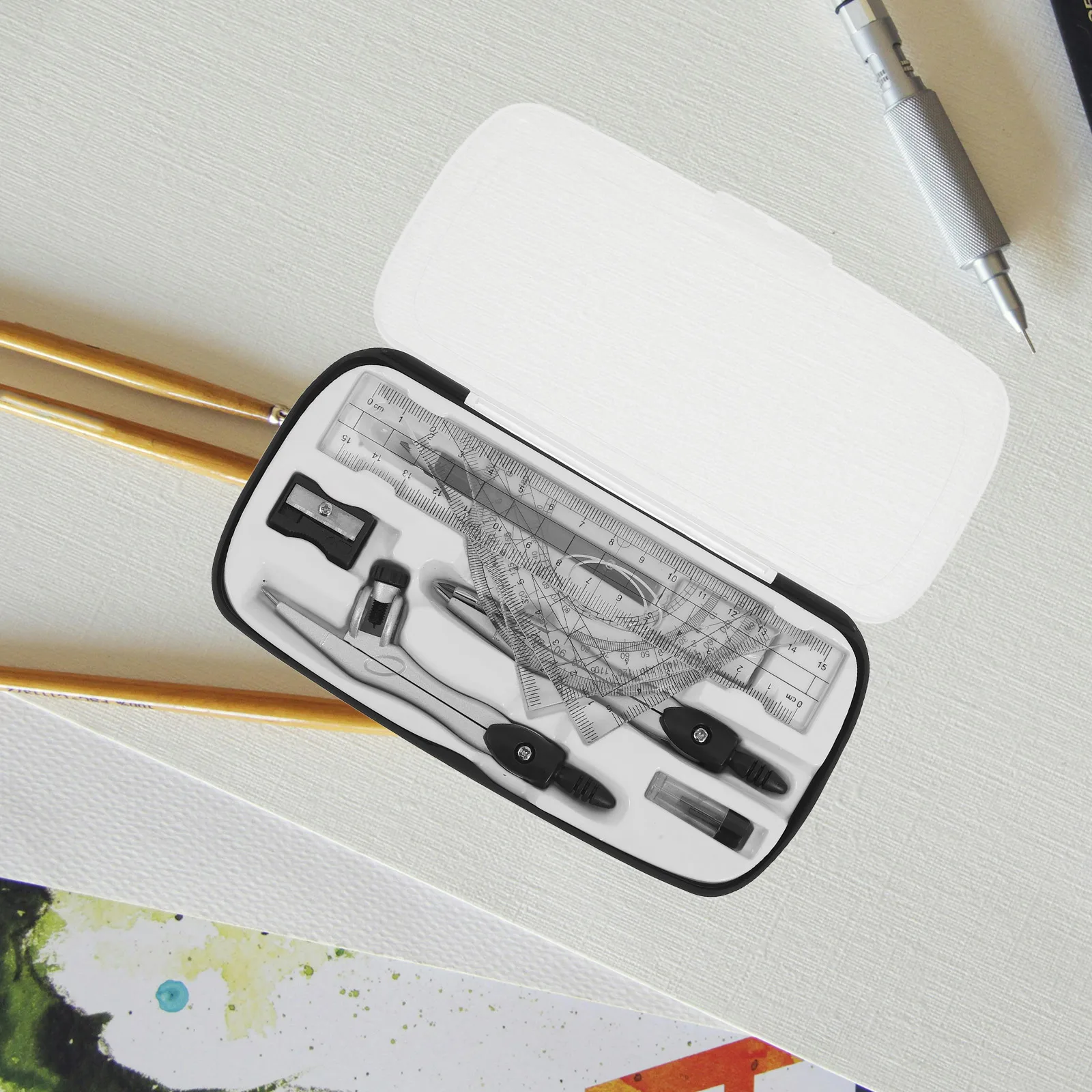 مجموعة واحدة من مجموعة هندسة الطالب، مسطرة منقلة بوصلة، تصميم محمول مدمج لرسم الرياضيات، صياغة اللوازم المدرسية الدقيقة #4