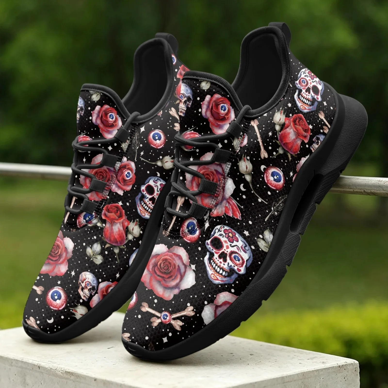PENSTROLL Skull Rose Comfortable Low-Top Lace-Up Sneakers for Men Driving Mesh & EVA Lace-Up Men's Shoes Walking Shoes