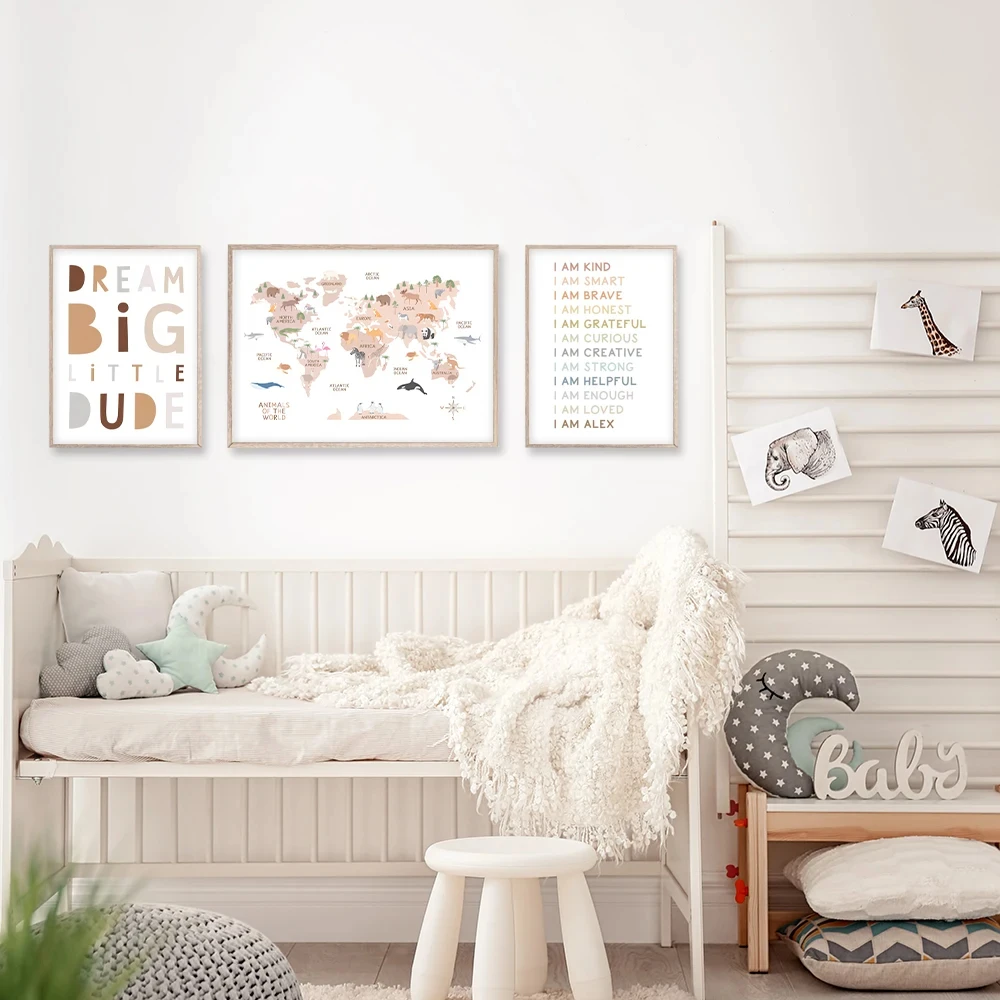 Peinture sur toile de carte du monde pour la décoration de la maison, thème animal coloré, affiches d'art mural dos, peinture sur toile imprimée pour enfants