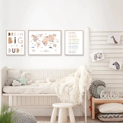 World Map Canvas Painting Colorful Animal Theme Educational Wall Art Posters Printed Canvas Painting Children'S Home Decoration