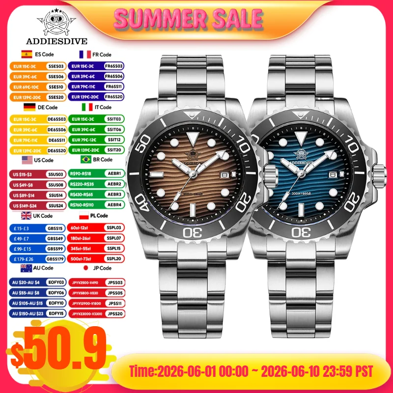 ADDIESDIVE 41mm montre pour hommes chauds 20Bar étanche 3D Texture du désert BGW9 Date lumineuse 316L montres à Quartz en acier inoxydable AD2537
