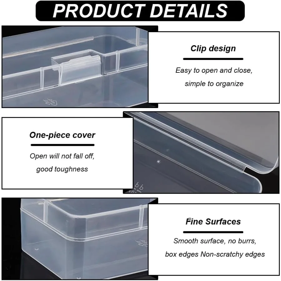 4 sztuki prostokątnych plastikowych pojemników 7x3x1.8 cala, przezroczyste pudełka do przechowywania z pokrywką na zawiasach i otworem do zawieszenia, idealne na drobiazgi i artykuły do rękodzieła.