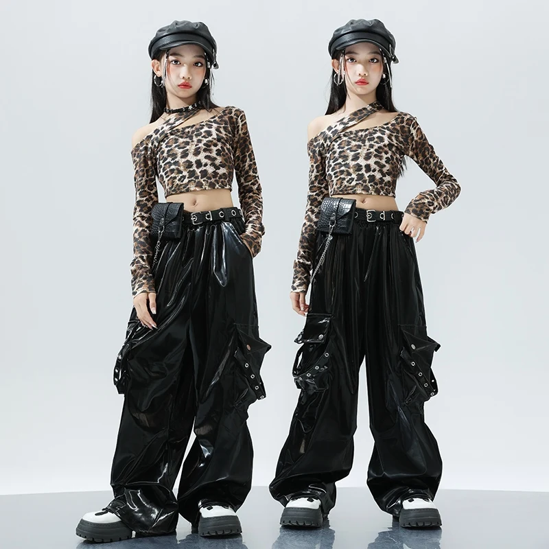 Jazz Dance Leopard Print Top Cargo Pants Children's Street Dance Outfit Hip-hop Suit Clothes Catwalk Show Costumes DQL9814