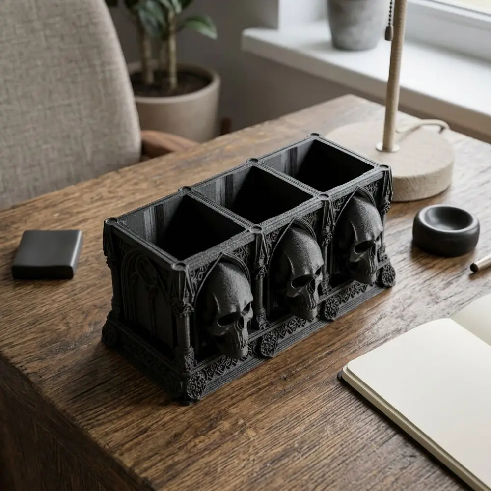 3D Printed Halloween Skull Pen Holder Spooky Gothic Style Skull Makeup Brush Box Raised Relief Plastic Skull Desk Organizer