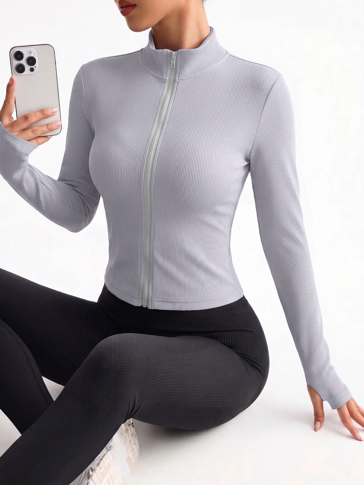 Casual Chic High Neck Zip Jacket, Sculpting Long Sleeve Crop Top for Weekend Meetups & Lifestyle Shoots