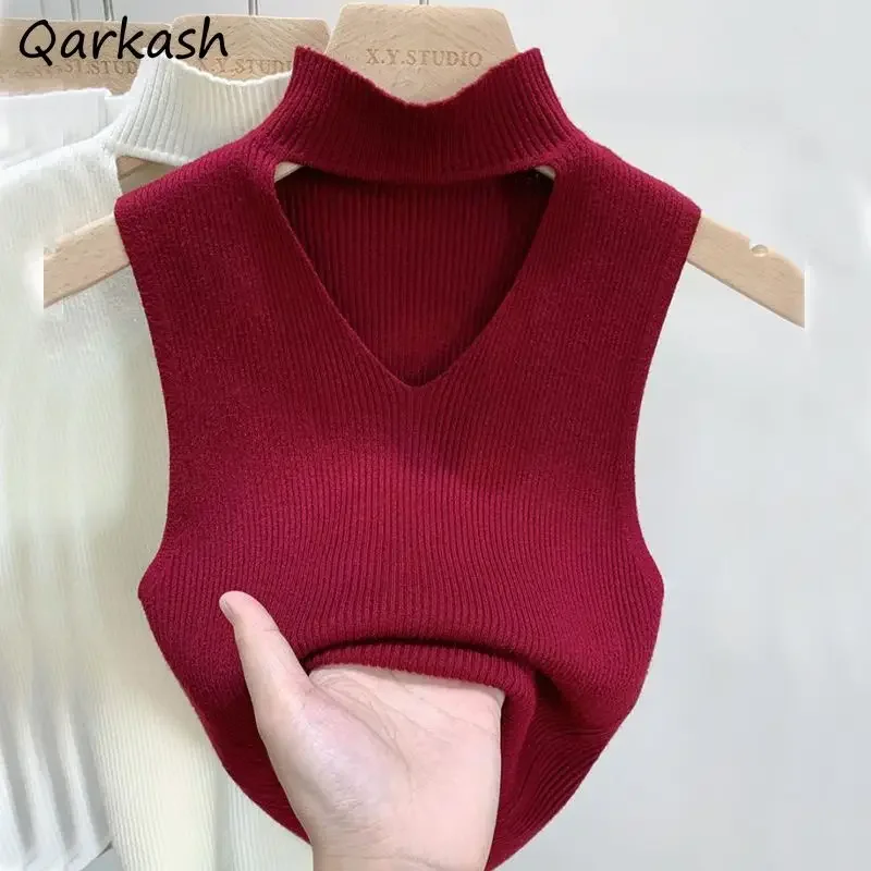 

Solid Sweater Vest Women Knitted Mock Neck Hollow Out 6 Colors Sleeveless Casual Temper Fashion All-match Ladies Loose Ulzzang