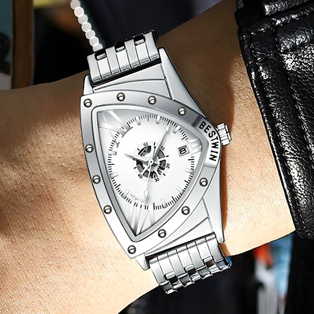Fashion BestWin Roman Numberal Triangle Dial Mens Stainless Steel Watch Creative Luxury Man Male Waterproof Business Date Watch