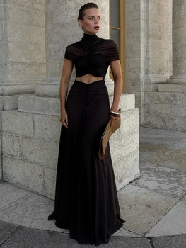 Mozision Hollow Out Short Sleeve Sexy Maxi Dress Women Fashion O Neck Ruched High Waist Bodycon Club Party Long Dress Female 4