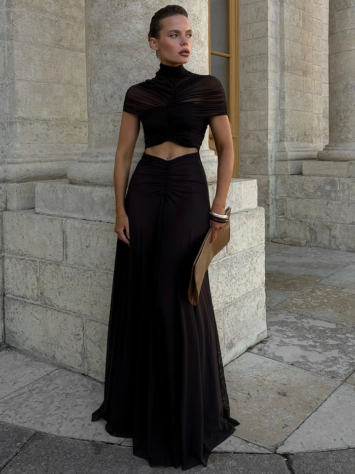 Vestido Largo Sexy de Manga Corta con Recortes, Escote en O, Cintura Fruncida, Ajustado, para Mujer, Fiesta 4