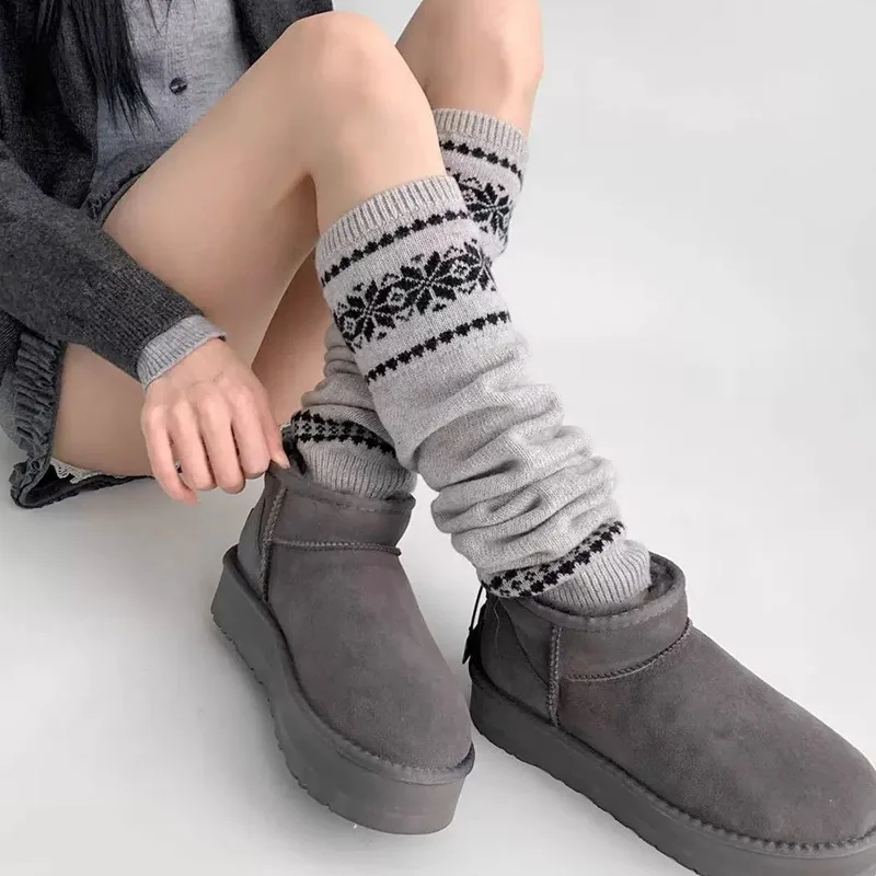 Vintage Wool Y2k Knitted Leg Covers Cuff Socks Women Long Leg Socks Fair Isle Snowflake Slouchy Socks Winter Warm Boot Covers