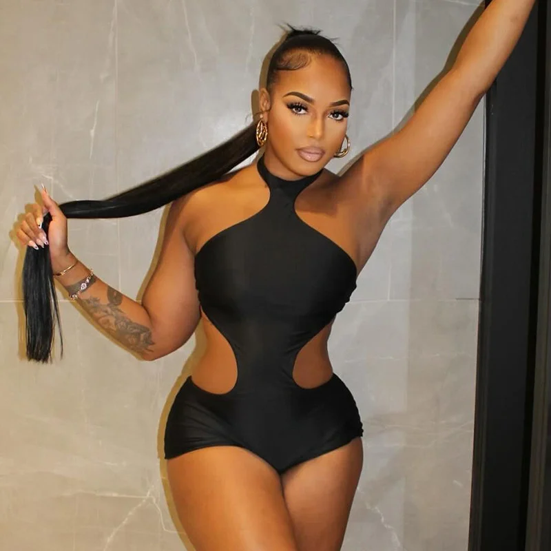 New Arrival: European and American Style Women's Sexy Halter Neck Backless Tight-Fitting Hollowed-Out Bodysuit, Solid Color Top