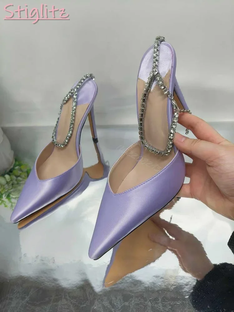 

Туфли-лодочки на шпильке с кристаллами и цепочкой, однотонные элегантные женские свадебные туфли без шнуровки с острым носком и ремешками сзади на тонком каблуке, новинка 2025 г.