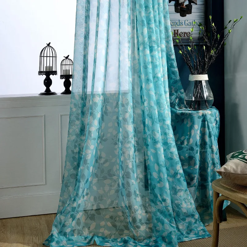 Green Leaf Polyester-cotton Printed Translucent Elegant Window Curtains Tulle for Living Dining Room Bedroom Study Hotel Home