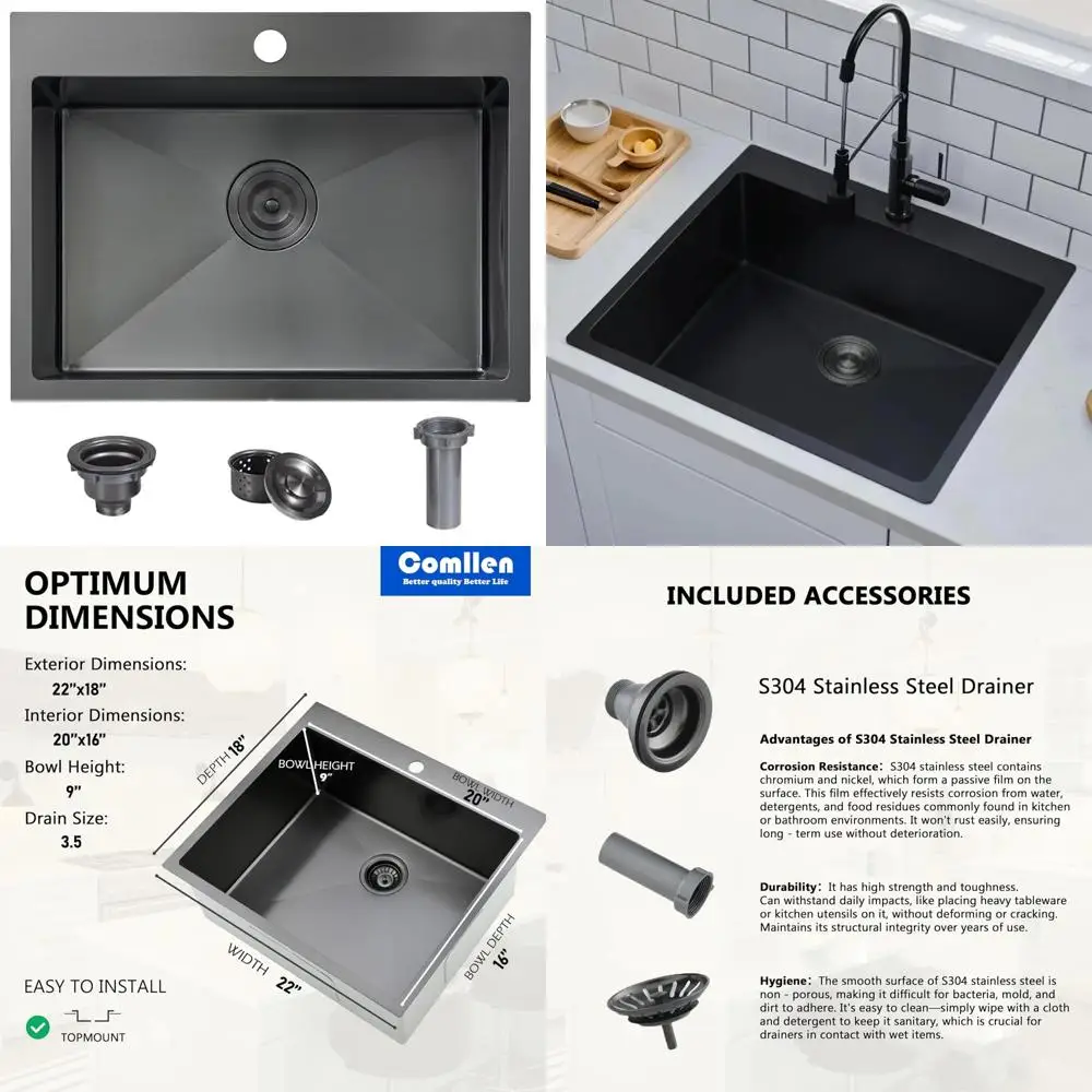 

Stainless Steel 22x18 Inch Drop-In Kitchen Sink for RV, Outdoor Prep, Single Basin, 16 Gauge, Black Topmount Small Bar Sinks