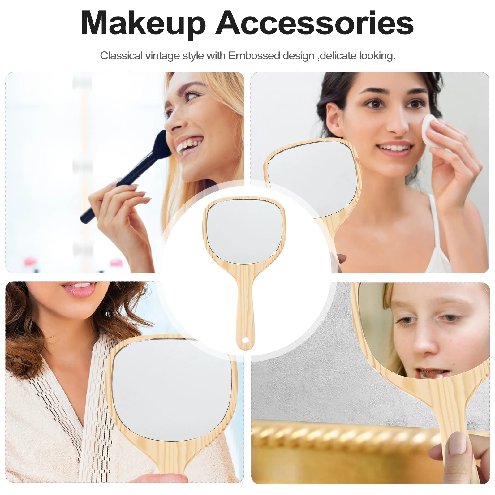 1pc Retro Wooden Handle Mirror Mirror Handheld Makeup Mirror for Women Girls wood mirror handheld mirror