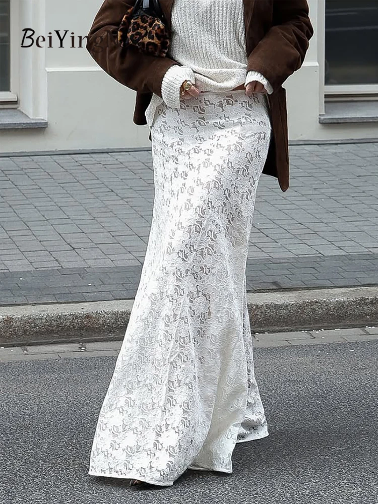 

Beiyingni New Style Women's Lace Maxi Skirt Slim Fit Casual White Elegant French Ladies Mermaid Skirts Plain Perspective Faldas