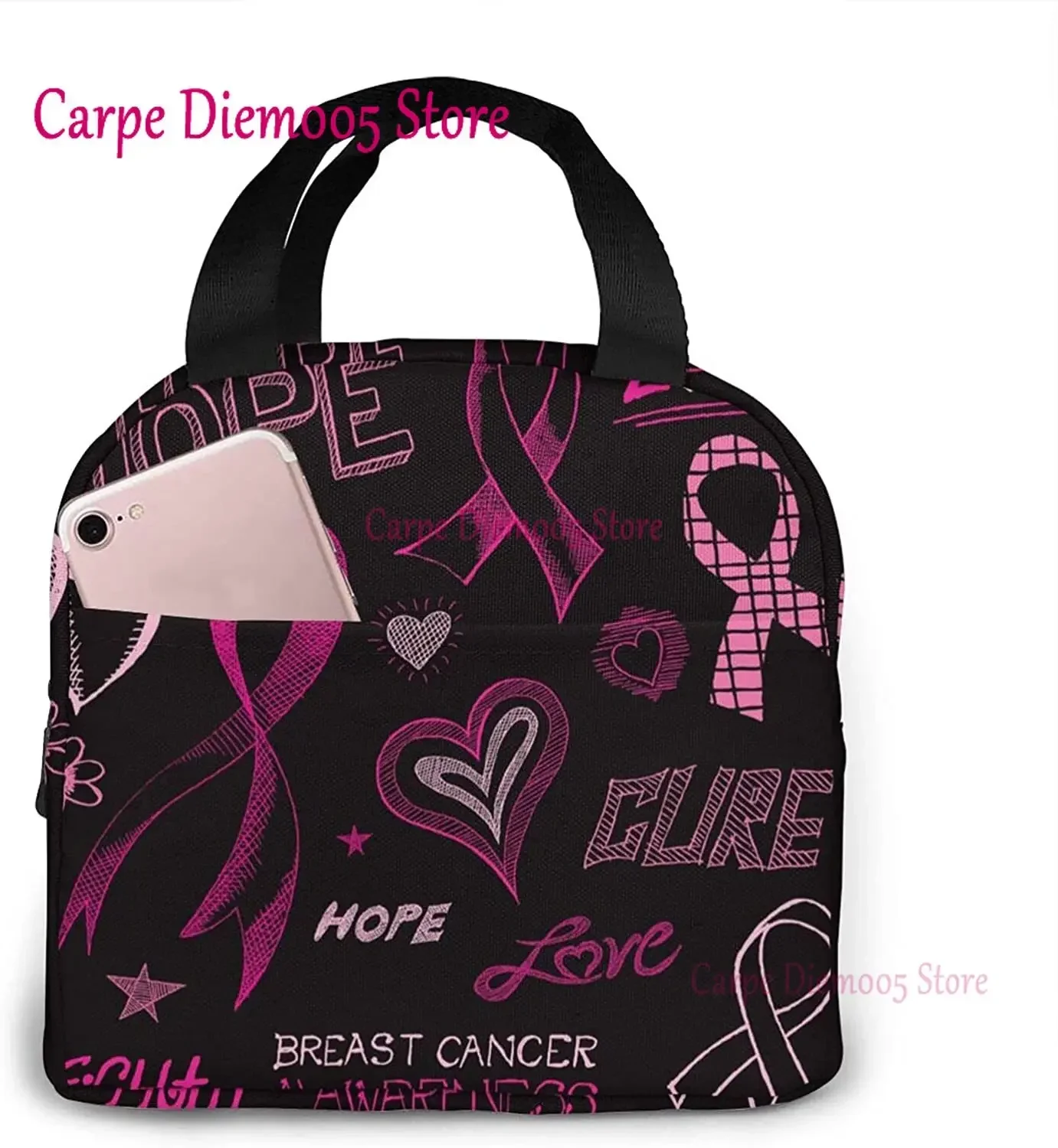 Pink Ribbon Support Breast Cancer Pattern  Repeat For Portable Insulated Lunch Bag