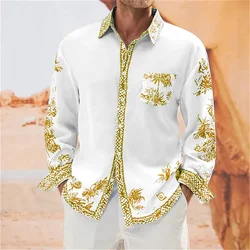 Camisa con estampado de patrón dorado para hombre, camisa lujosa y cómoda, algodón de fibra de bambú, botón de bolsillo, manga larga, 10 colores, 6XL