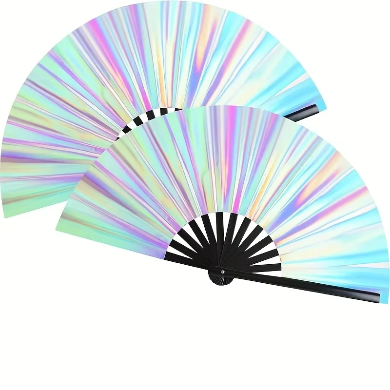 Rave Fan  Festival Fan Hand Fans Foldable Kung Fu Fan Large Silver Clack Fan Folding Cloth Fans Craft Hand Fans for Party Disco