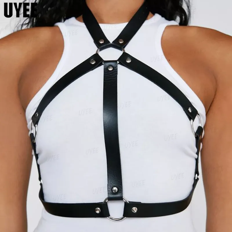 

UYEE Leather Chest Harness Body Bondage Cage Gothic Bridal Garter Belt Erotic Sexy Suspender Bra BDSM Lingerie Women's Underwear