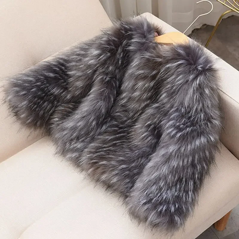 2024 Autumn Winter New Style Silver Fox Imitation Raccoon Fur Round Neck Children Fur Coat Fashion Thicken Girls Jacket TZ102