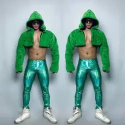 Bar Nightclub DJ Singer Gogo Dance Costume Male Hip Hop Dancer Performance Clothes Green Faux Fur Coat Leather Pants Stage Wear