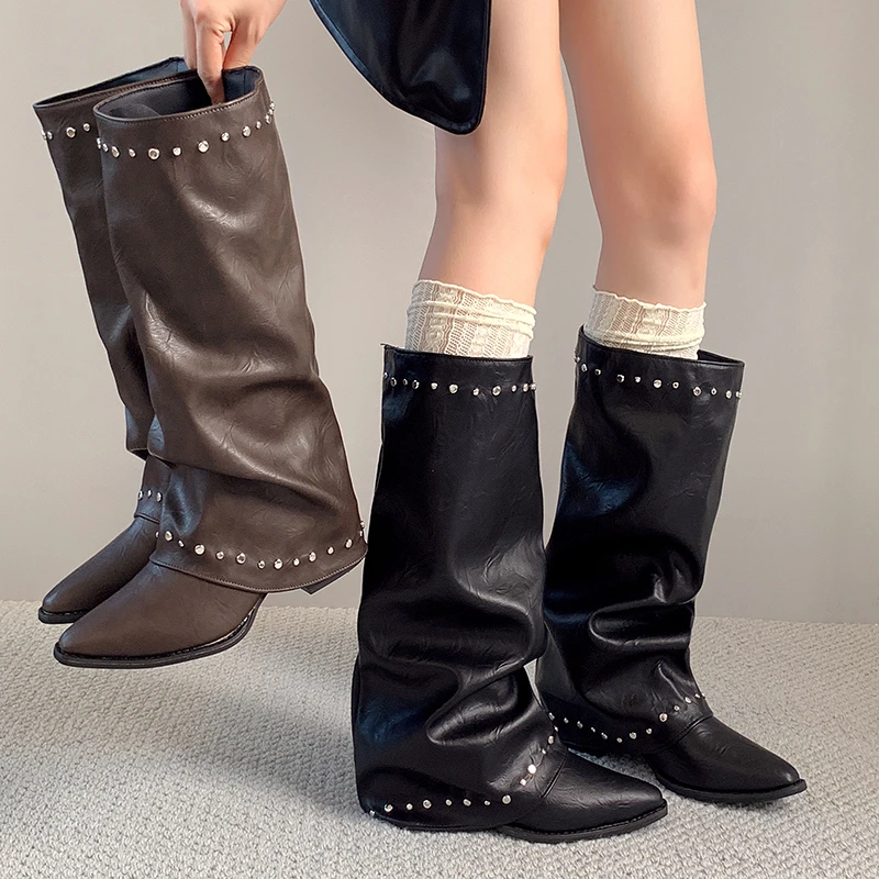 Pointed Toe Rivet Wide Calf Long Boots Women Ruched Slip On Block Heel Vintage Western Knee High Boots Ladies Fashion Footwear
