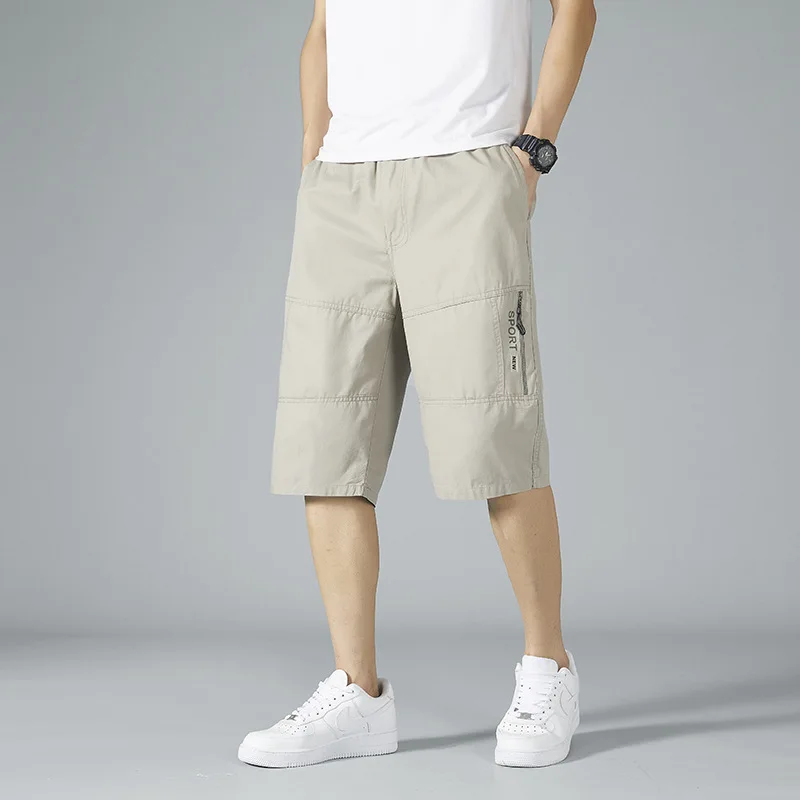 Mens Cargo Shorts Knee Pants Zipper Pocket Summer Cotton Shorts Climbing Jogger Elastic Waist Sports Wear Casual Short Pants
