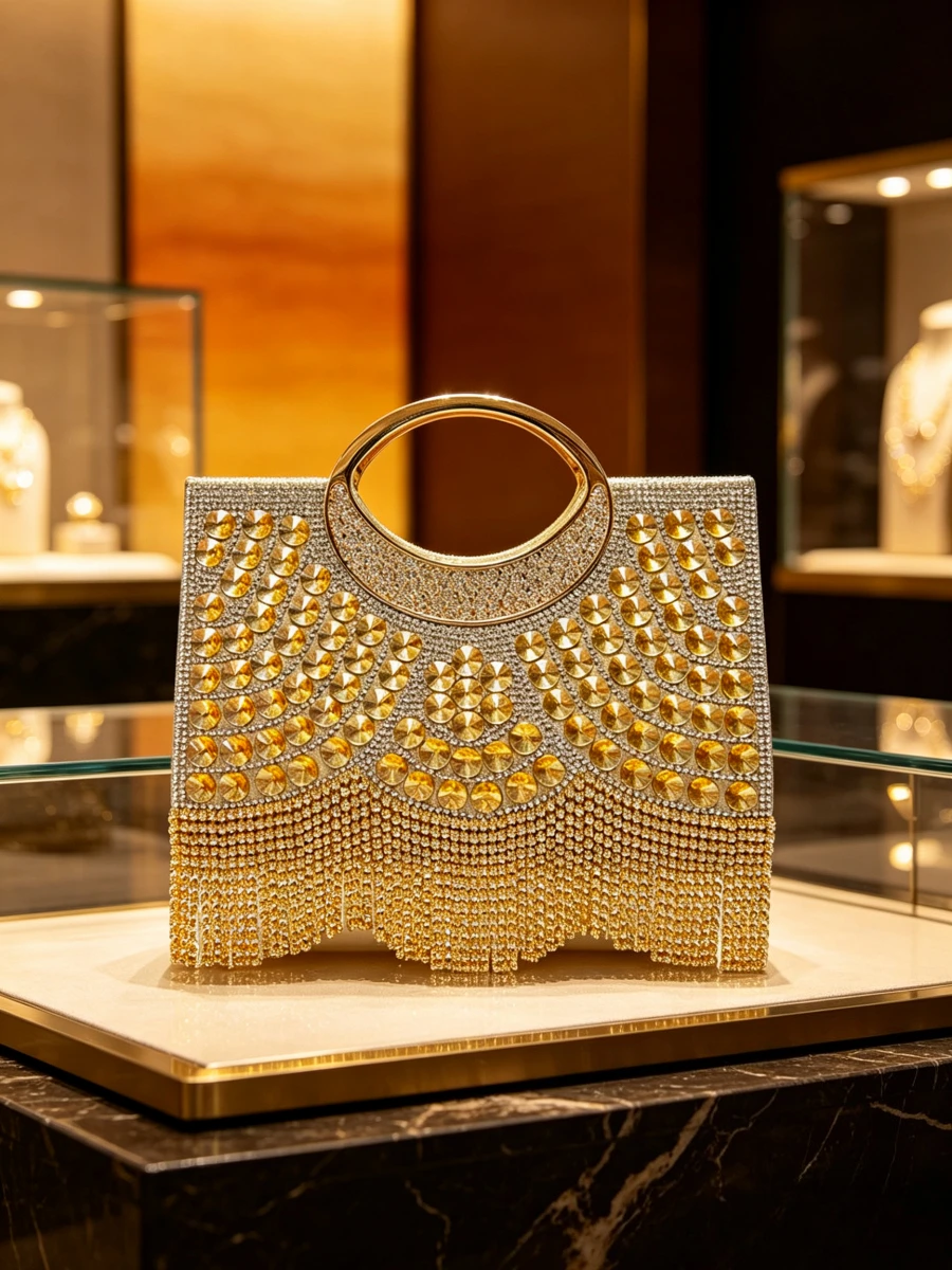 Golden Yellow Marquise Crystal Long Tassel Metal Ring Clutch Luxury Eye-catching Evening Purse Mature Women Party Heavy Handbag