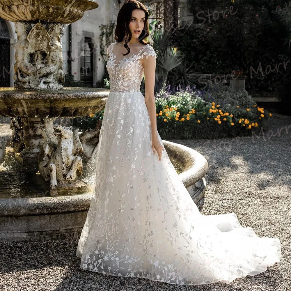 Bellissimi abiti da sposa a-line con scollo a v Illusion Lace Appliques abiti da sposa per le donne paillettes lucide senza maniche Sweep Train 2024