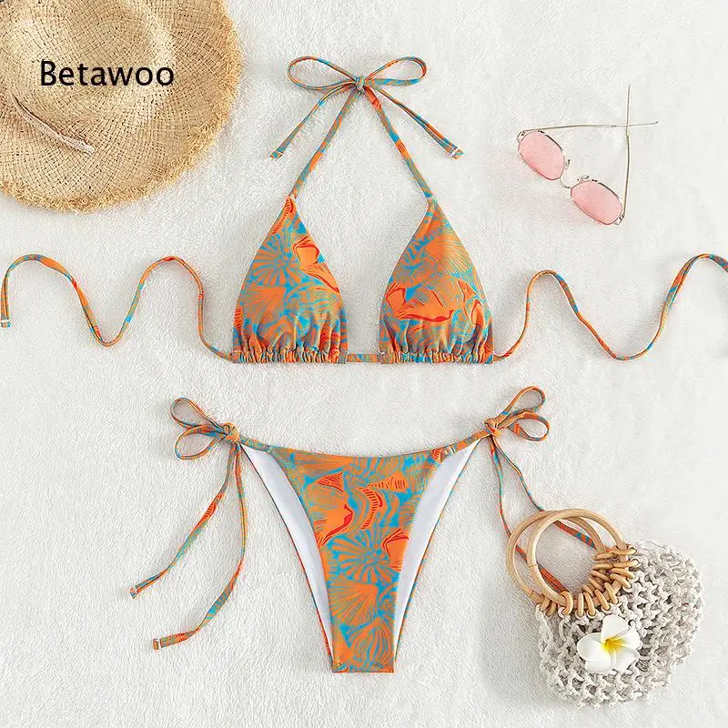 Tropical Shell Pattern Halter Triangle High Cut Bikini Set