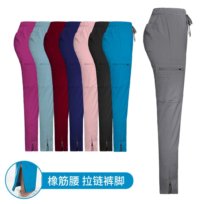 Pantaloni da lavoro lunghi con coulisse casual con cerniera alla moda per medico chirurgico da infermiera elastica sottile