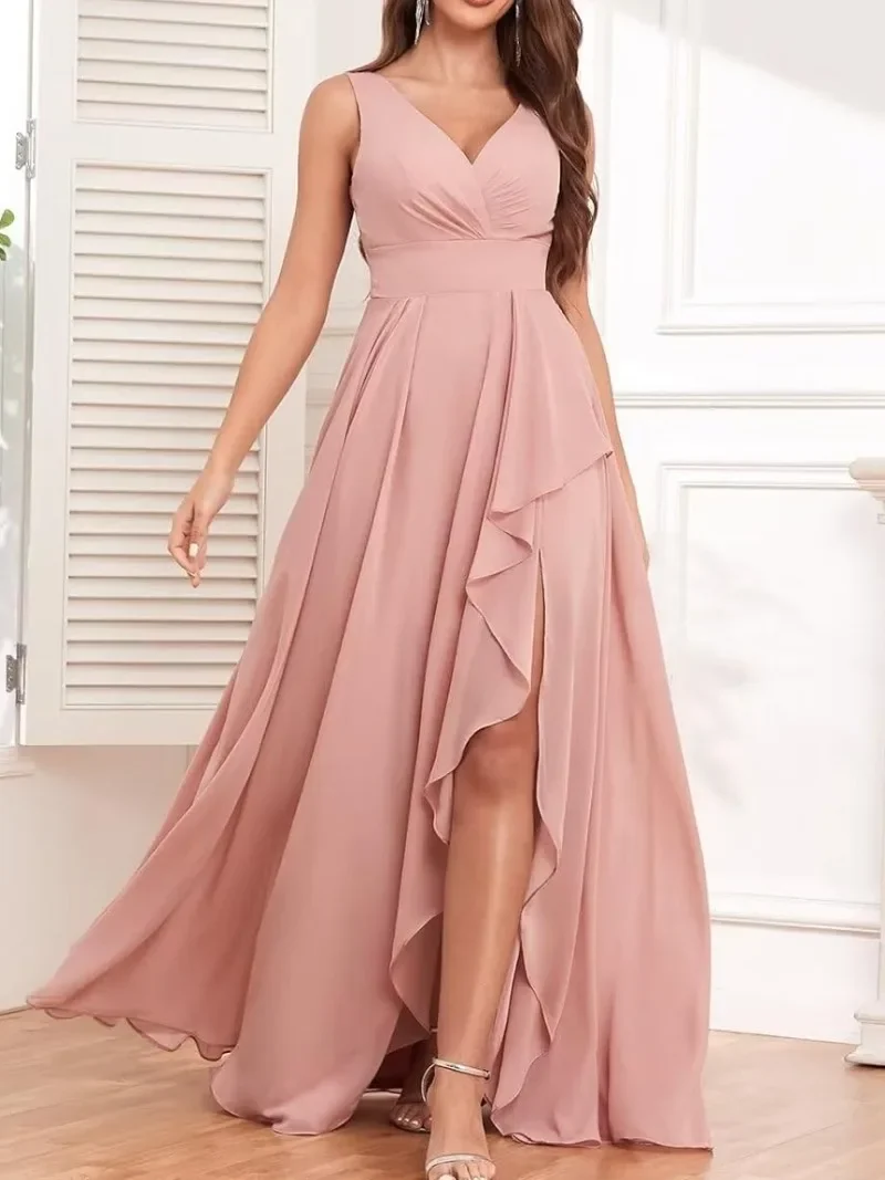 Customized Simple Elegant Luxury Wide Sling V Neck Sleeveless Prom Dresses Soft Spring Summer Popular Gown Split Wave Edge Desig