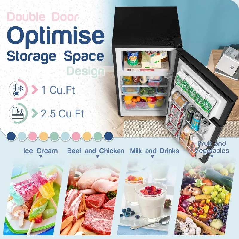 Mini Fridge with Freezer, 3.5 Cu.Ft 2 Door Design, Small Refrigerator with Large Capacity, Equipped with Quieter Compressor