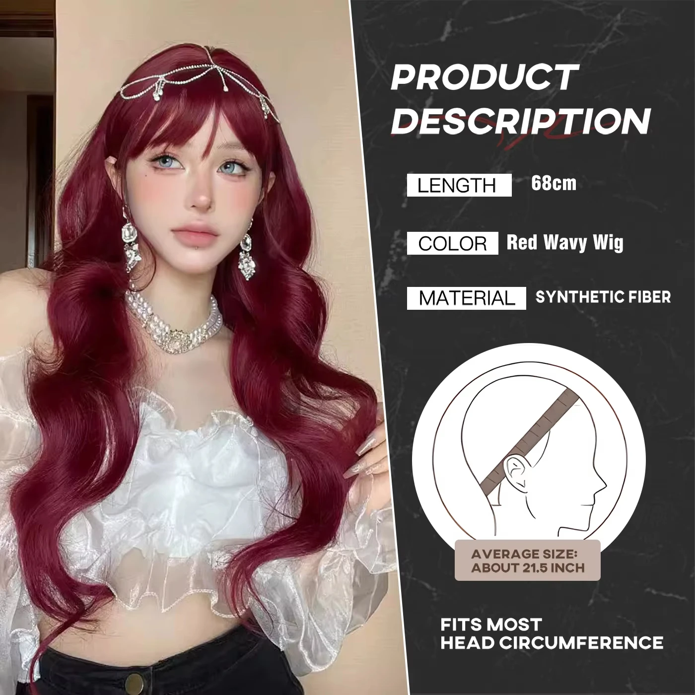 Red wine synthetic wig with big waves for daily use, Halloween party wig, Cosplay character-wearing wig, hot hair wig set